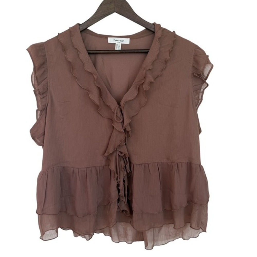 Haver + Blair London Light Brown Ruffle V-Neck Peplum Blouse XL Sleeveless Top